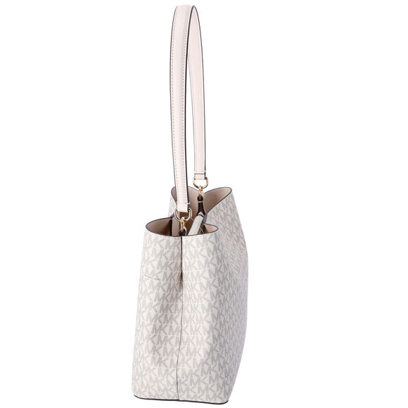 Michael Kors Pratt Medium Shoulder Bucket Bag Signature Logo Light Cream MK - Picture 2 of 5